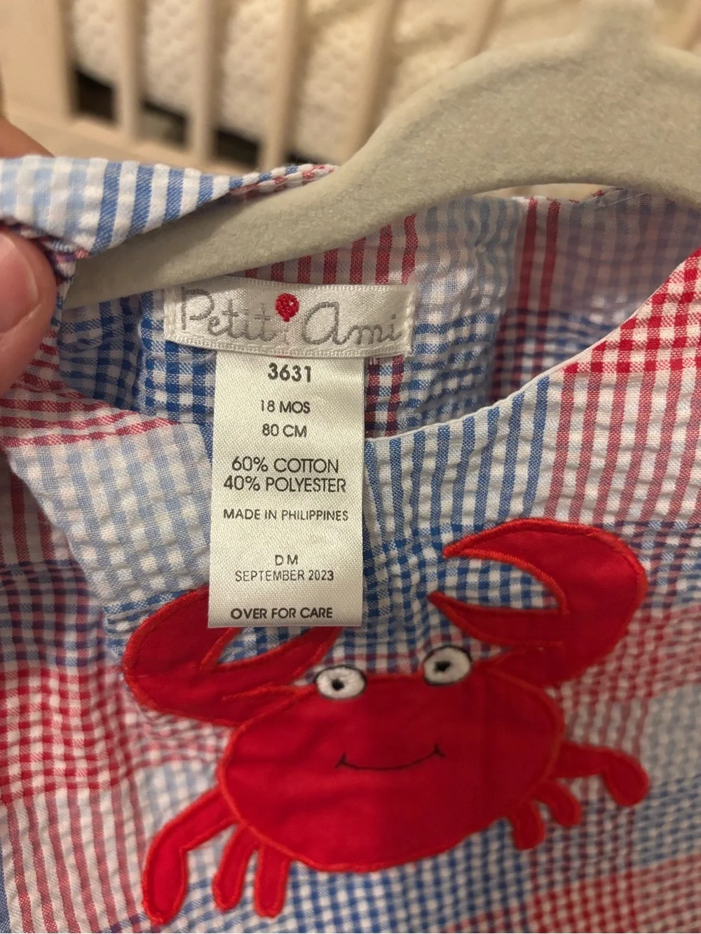 Petit Ami Blue and Red Plaid Crab Applique Romper